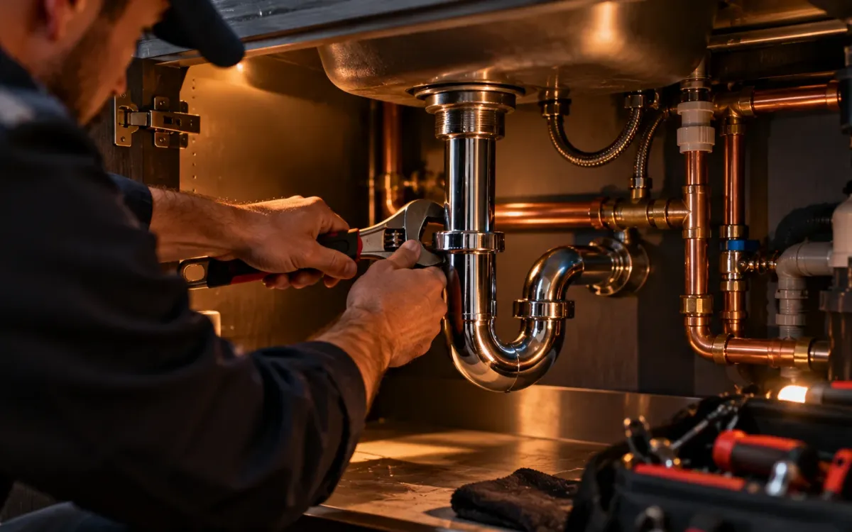 Plombier resserrant un siphon sous un évier